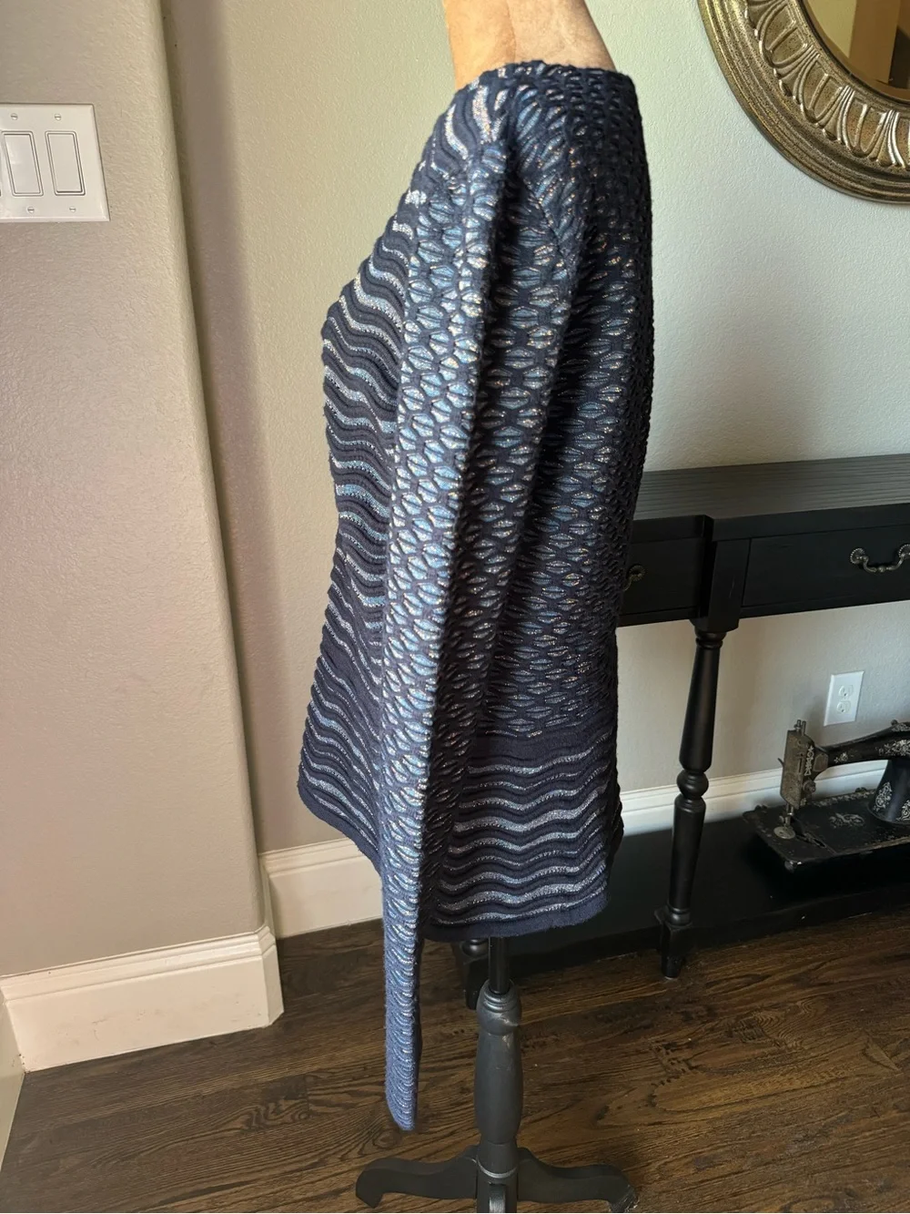 Tory Burch Lurex Blue Metallic Wave Scallop Knit Sweater Large Merino Wool L